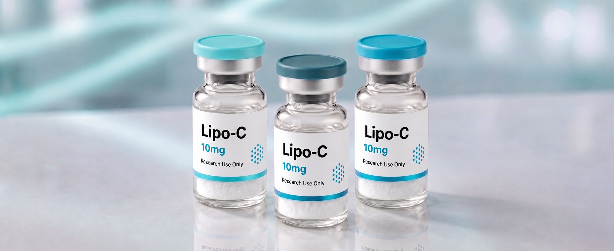 A row of Lipo-C (MIC blend) research vials, mock product photograph