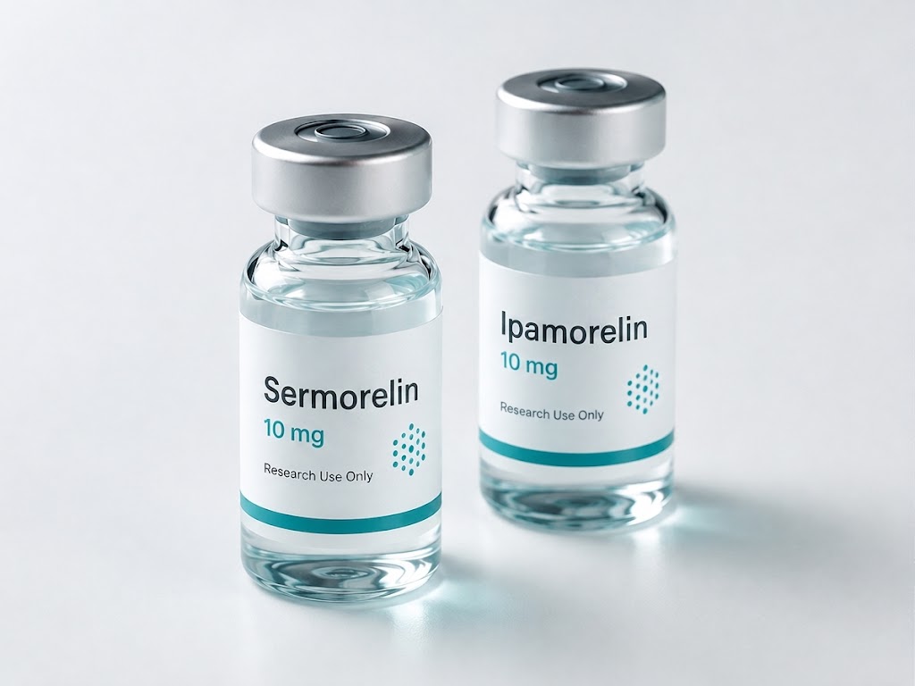 Sermorelin and Ipamorelin vials side by side on a white surface