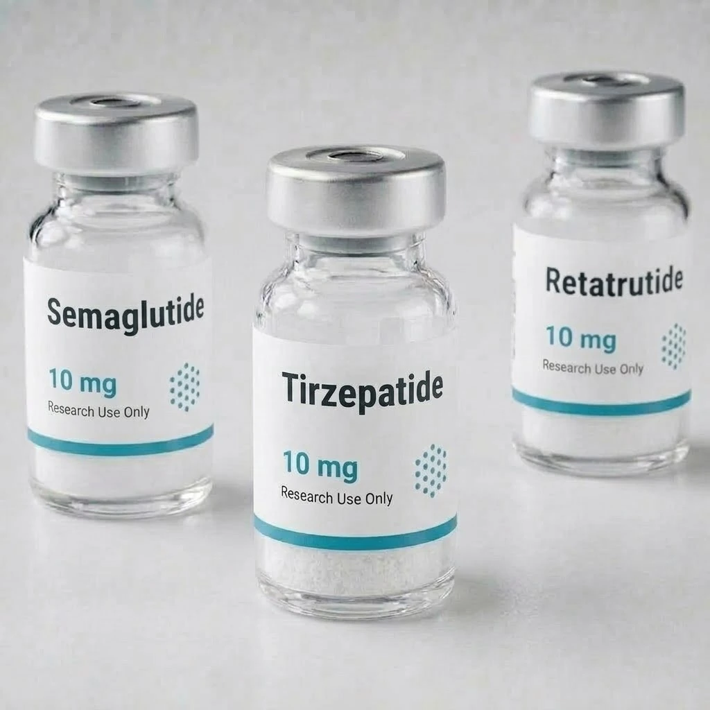 The three research-labeled vials side by side