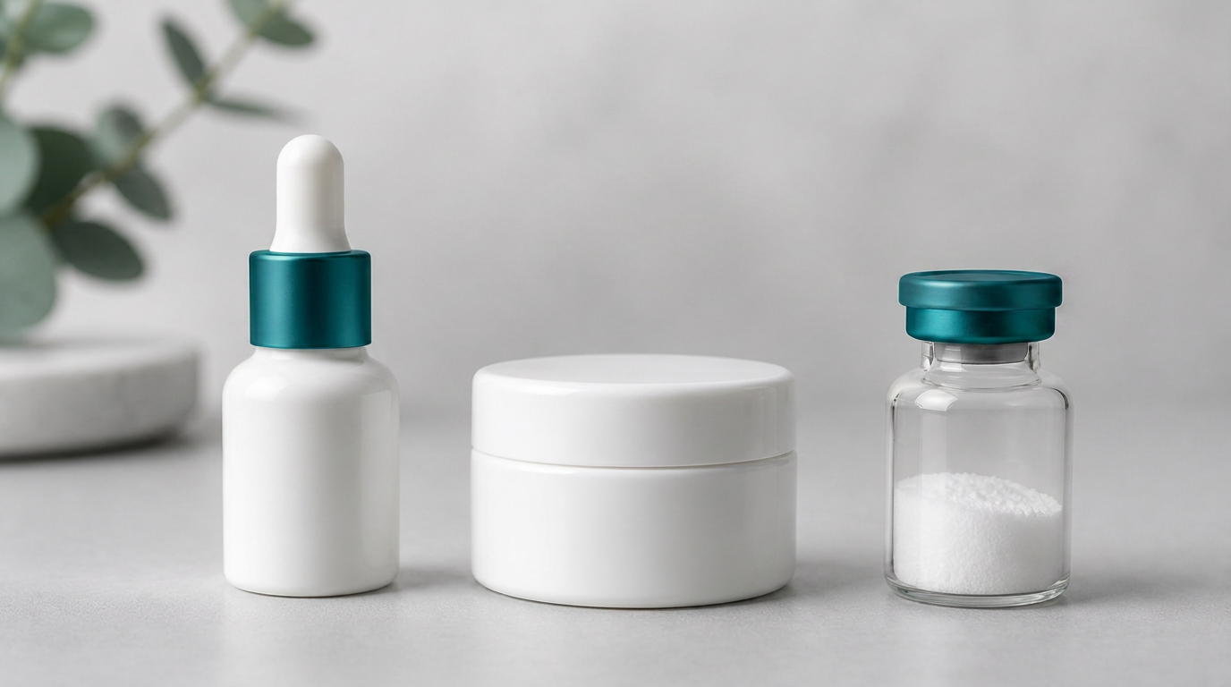 A white GHK-Cu serum dropper bottle with a teal collar, a white peptide cream jar, and a clear glass vial of powder with a teal cap, lined up on a pale gray surface.