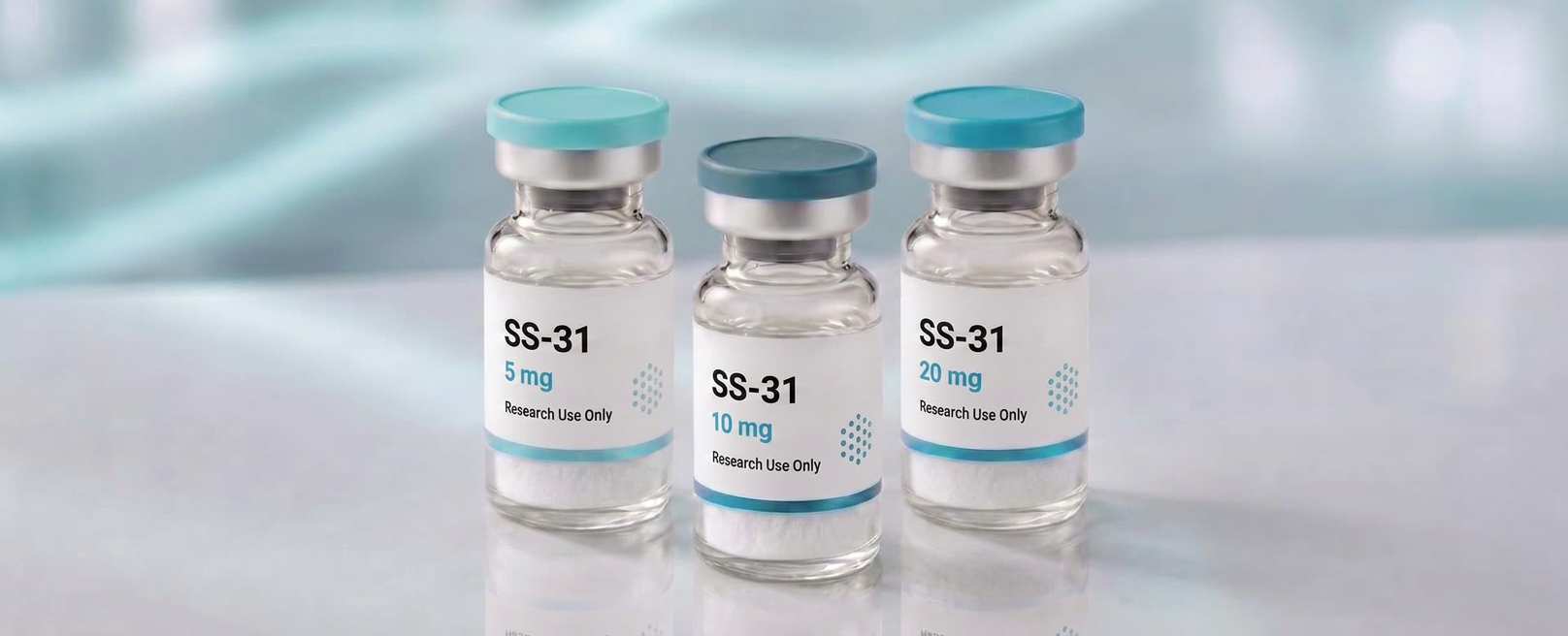 A row of SS-31 (Elamipretide) research vials, mock product photograph