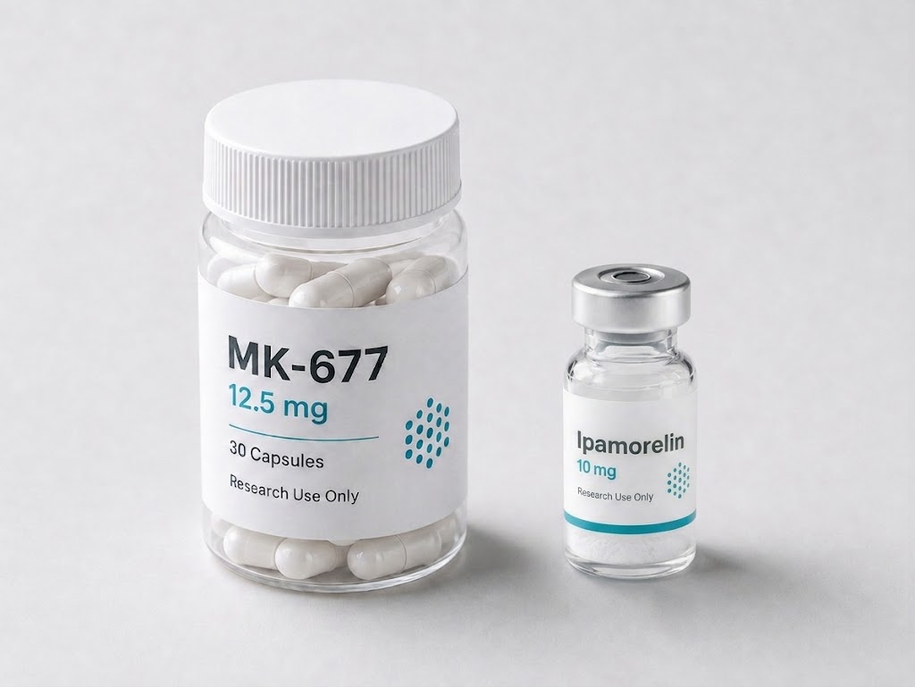 A bottle of MK-677 12.5 mg capsules beside a research vial of ipamorelin 10 mg on a plain light surface