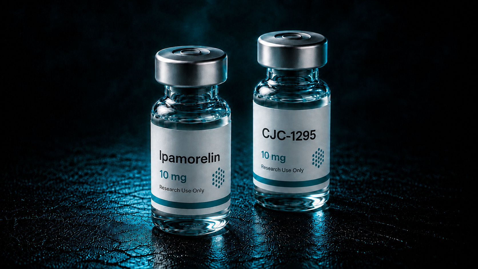 Research vials labeled Ipamorelin and CJC-1295, ten milligrams each, on a dark reflective surface