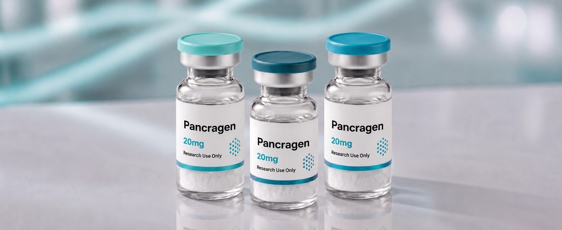 A row of Pancragen research vials, mock product photograph