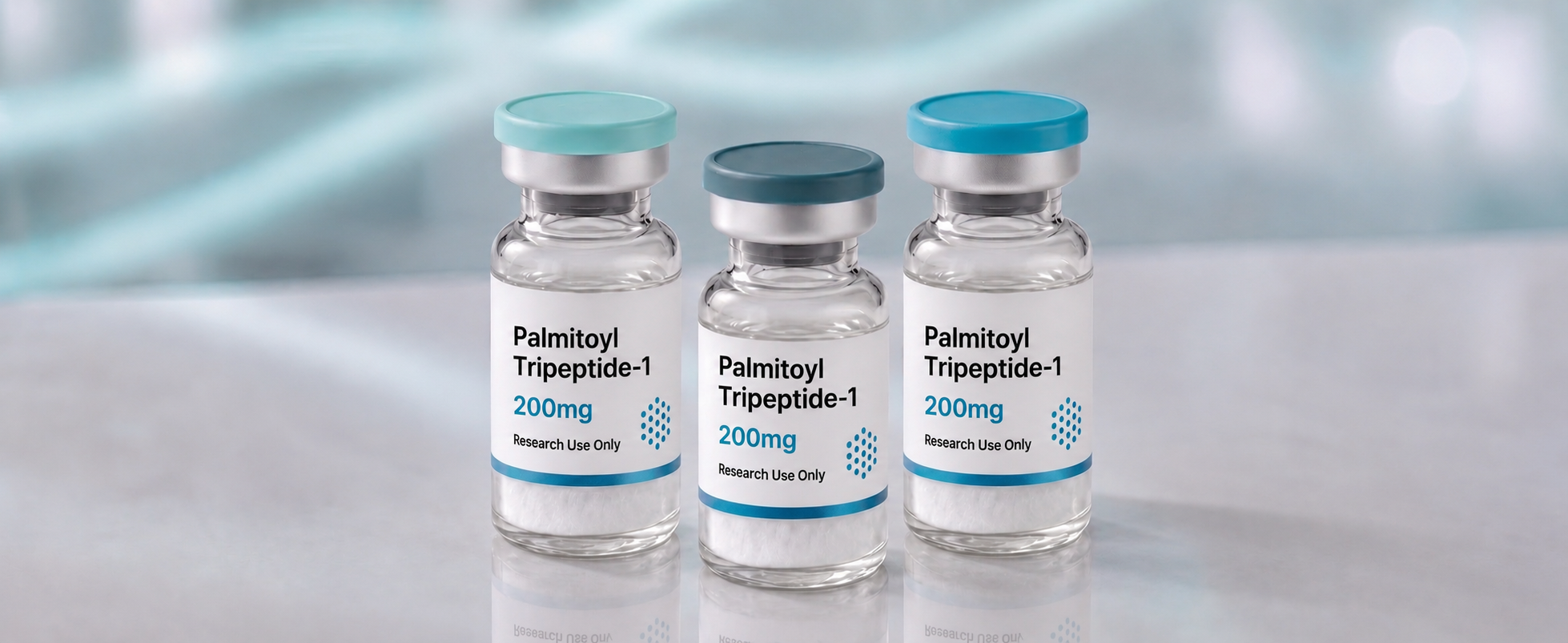 A row of Palmitoyl Tripeptide-1 research vials, mock product photograph
