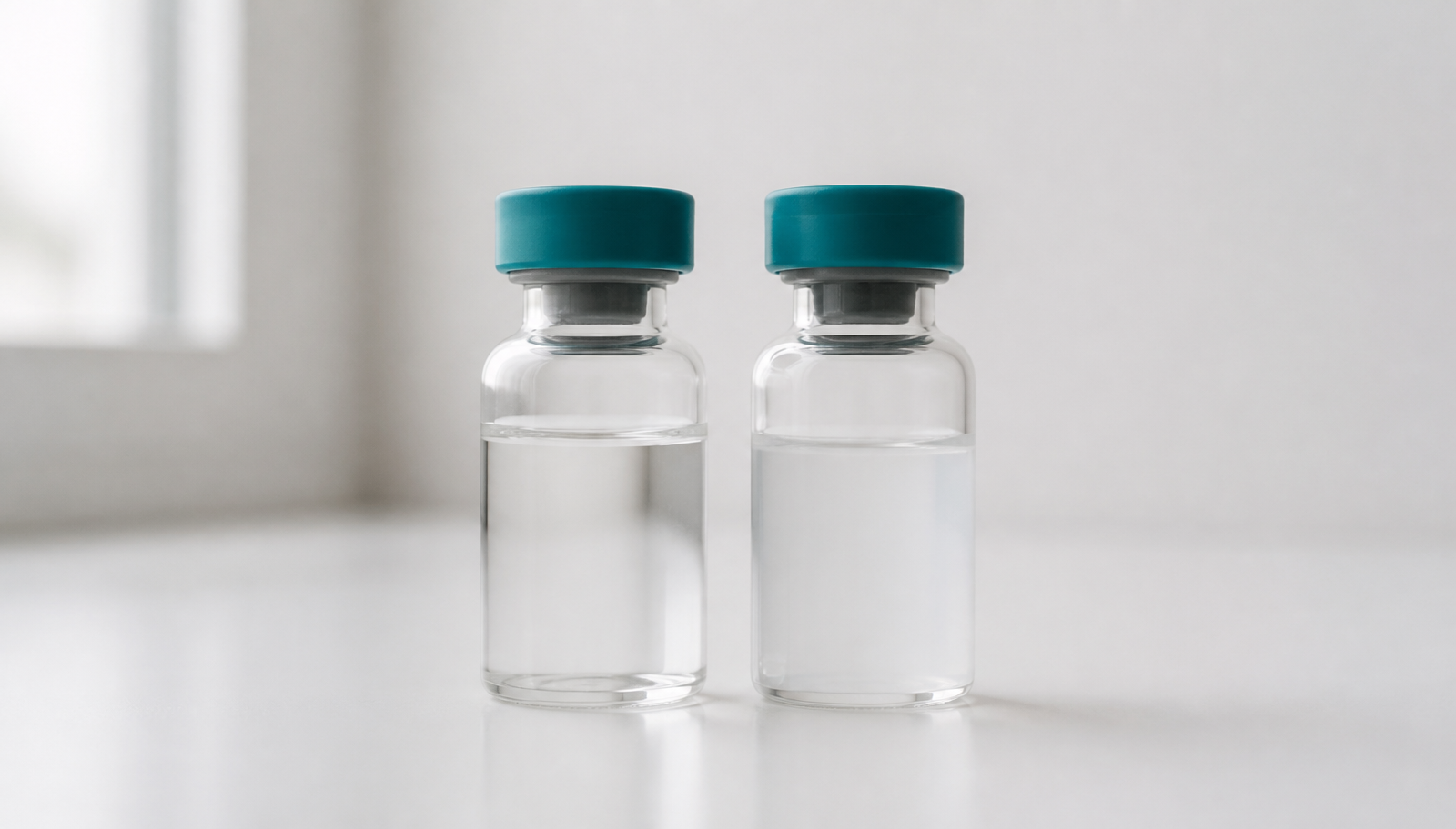 Two identical peptide vials side by side in soft light; one holds a clear solution and the other a faint, even haze.