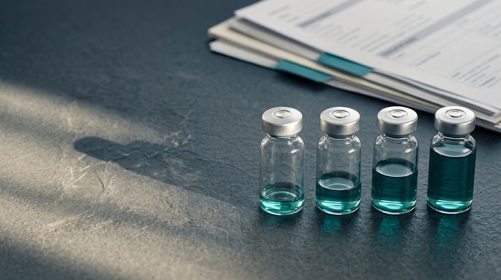 Four glass vials holding increasing amounts of teal liquid on a dark lab bench beside research papers