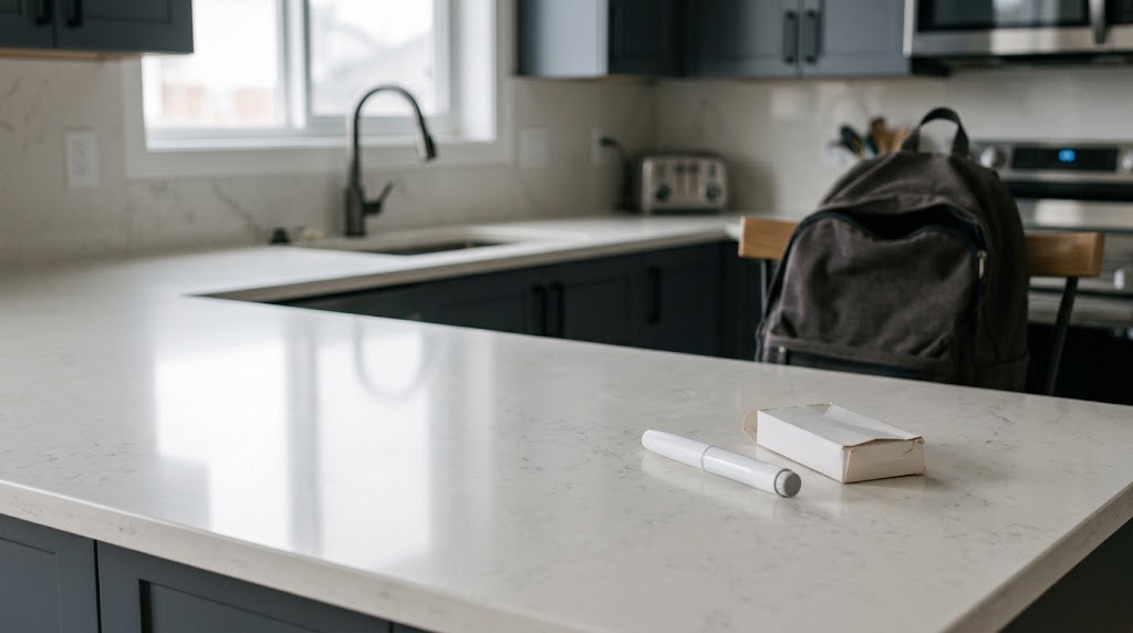 A GLP-1 injection pen and its box on a kitchen counter beside a school backpack