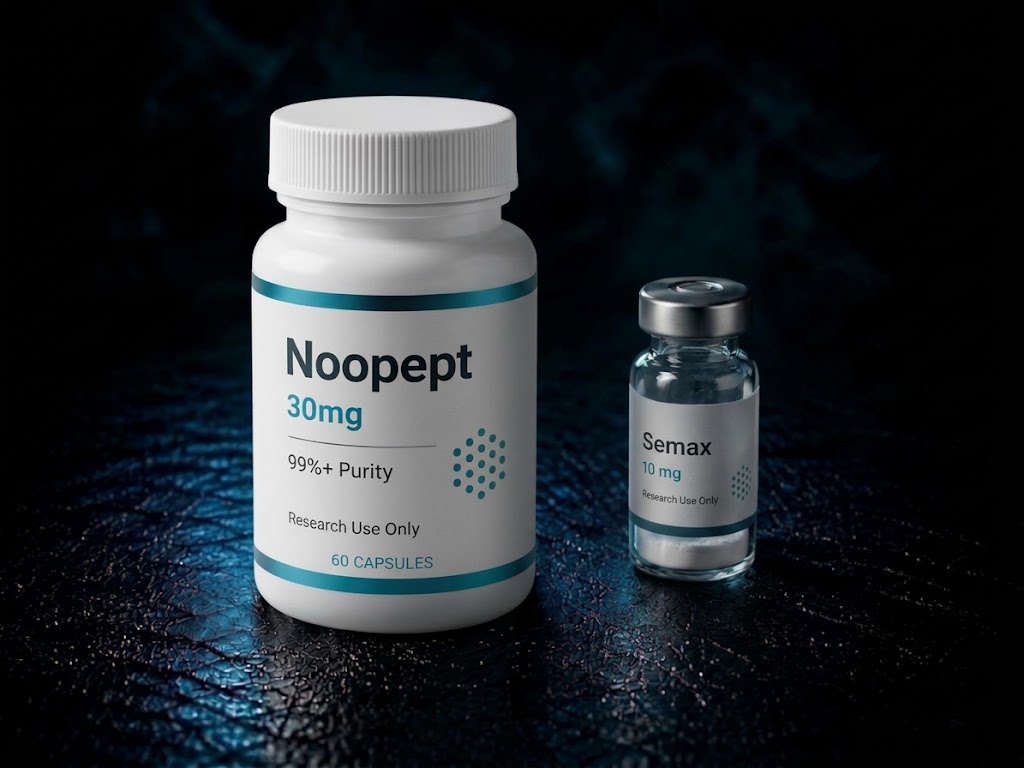 A white bottle of Noopept 30 mg capsules beside a small Semax 10 mg vial on a dark reflective surface