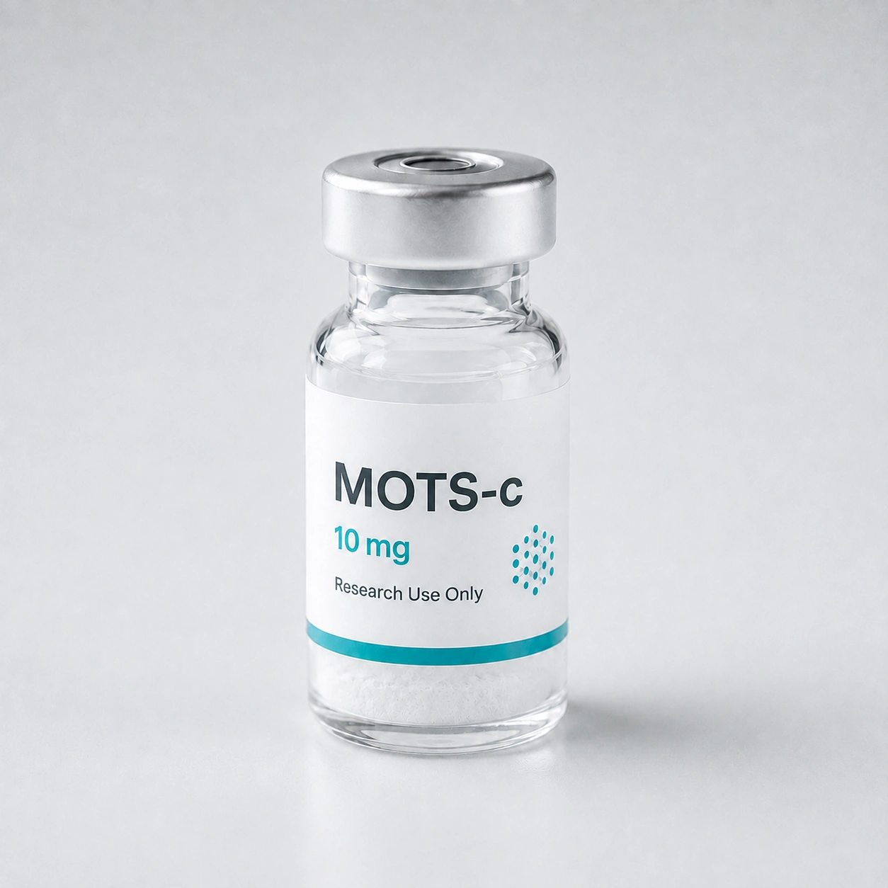 Research vial labeled MOTS-c containing white lyophilized powder