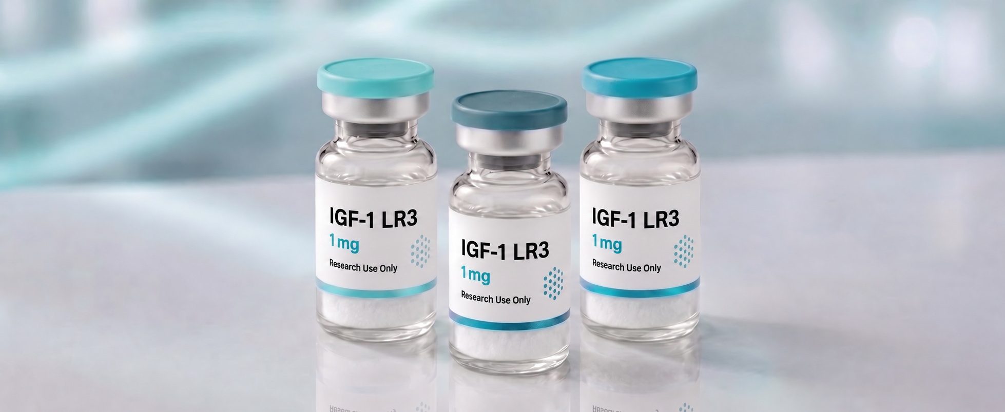 A row of IGF-1 LR3 research vials, mock product photograph