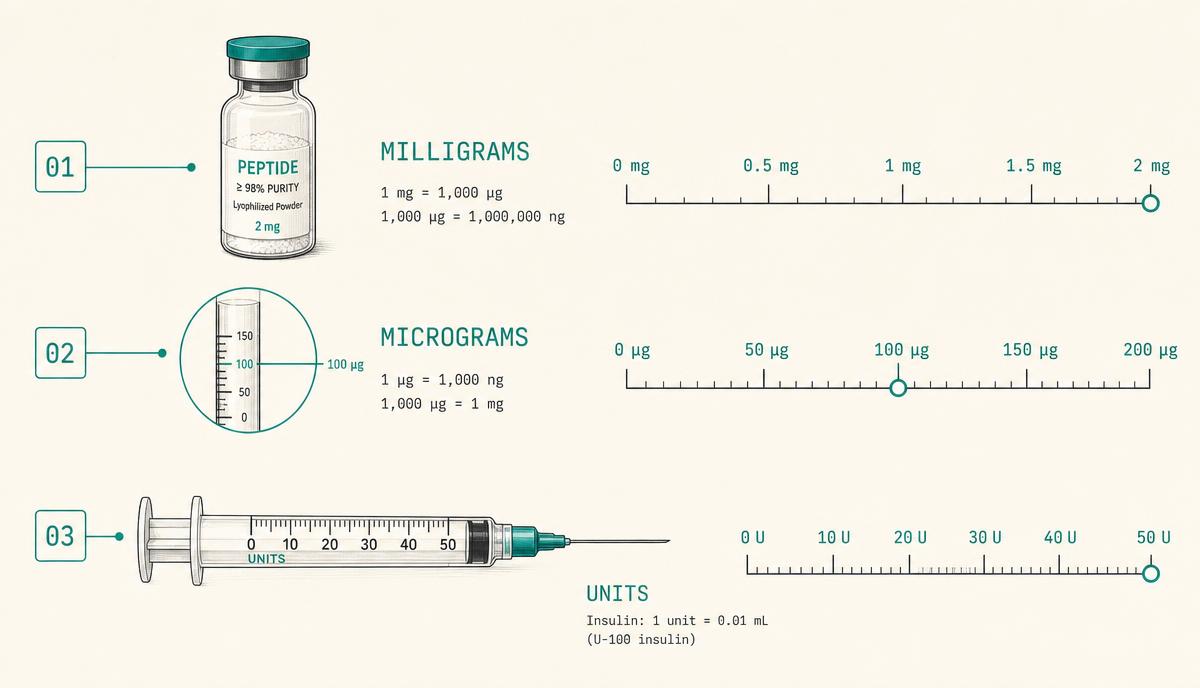 Three parallel scales: the vial measured in milligrams, the dose in micrograms, and the syringe in units of volume