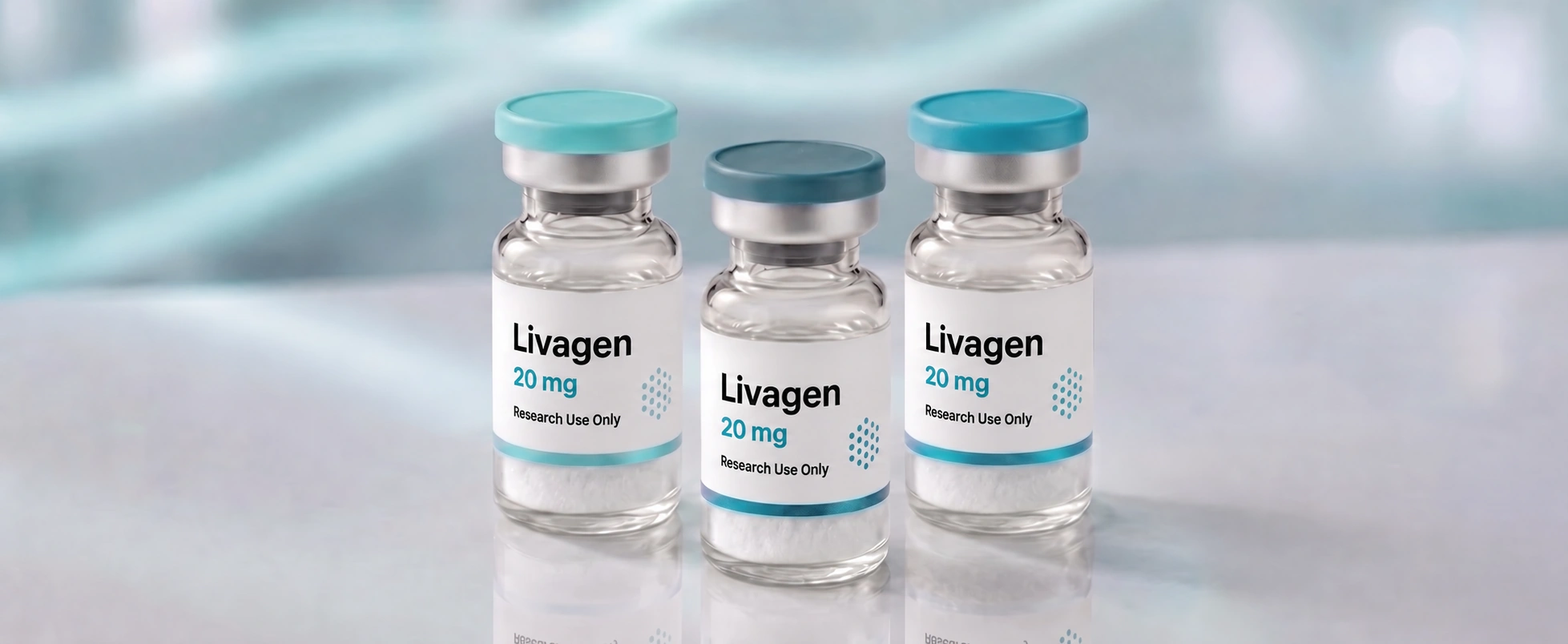 A row of Livagen research vials, mock product photograph