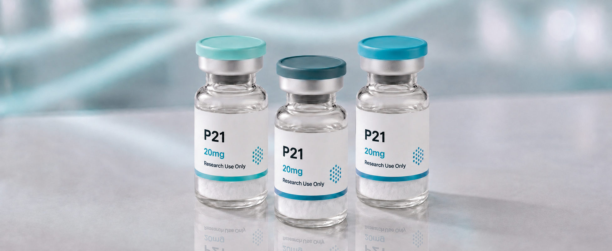 A row of P21 research vials, mock product photograph