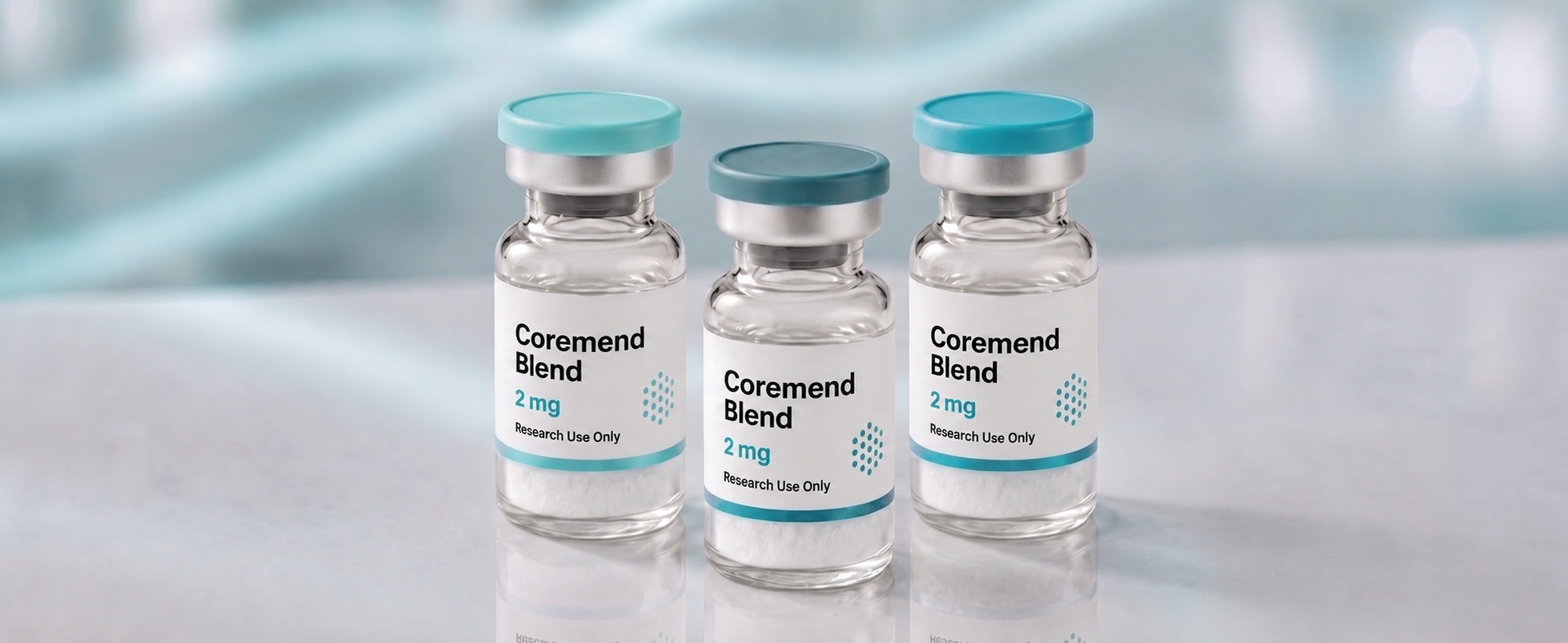 A row of Coremend blend (TB-500 / BPC-157 / KPV) research vials, mock product photograph