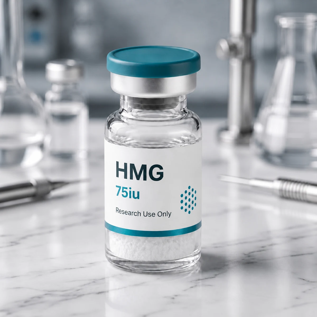 HMG (Menotropin) vial, mock product photograph