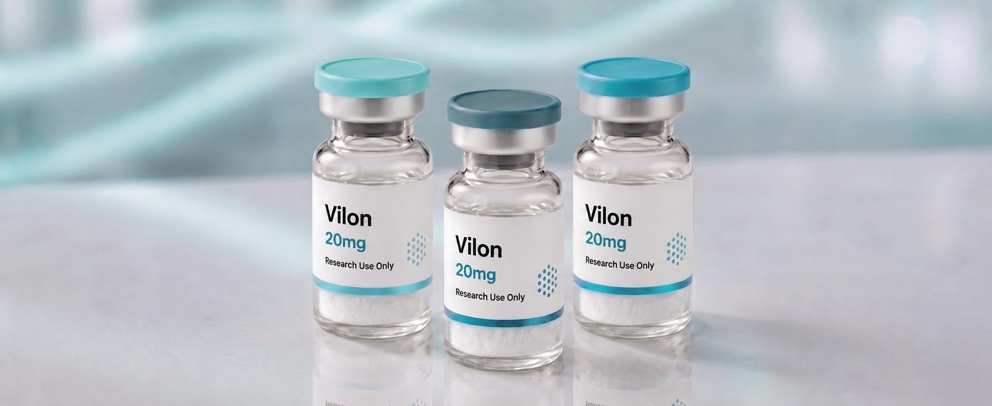A row of Vilon research vials, mock product photograph