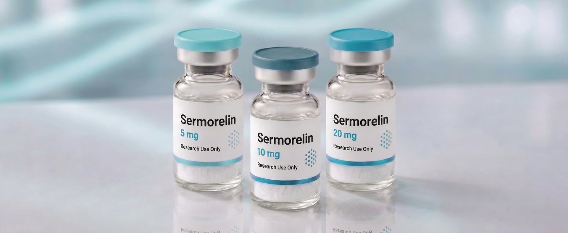 A row of Sermorelin research vials, mock product photograph