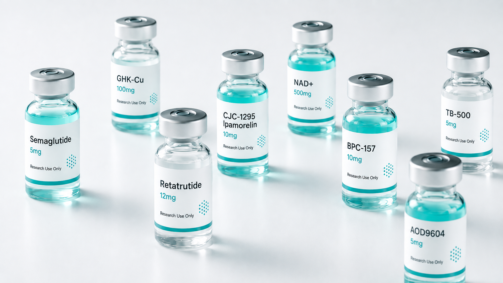 Studio lineup of peptide vials including Semaglutide, BPC-157, Retatrutide, GHK-Cu, CJC-1295, and Ipamorelin