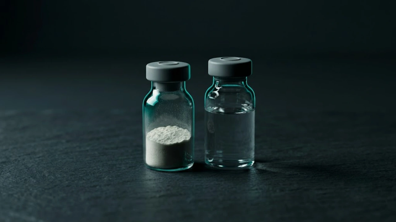 Two peptide vials side by side: one with lyophilized powder and one with reconstituted liquid.