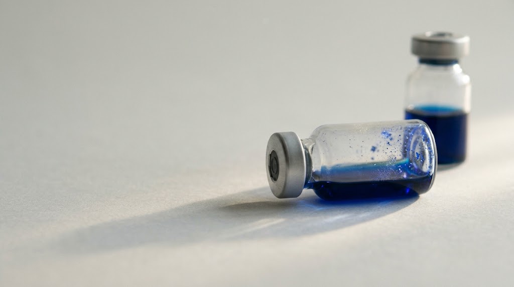 Two clear glass vials containing deep blue liquid, one lying on its side and one standing on a pale laboratory surface