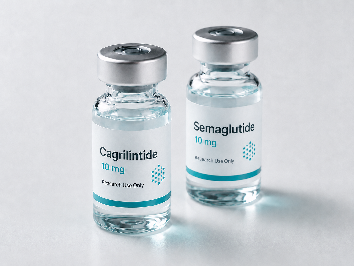 Cagrilintide and semaglutide vials side by side on a white surface