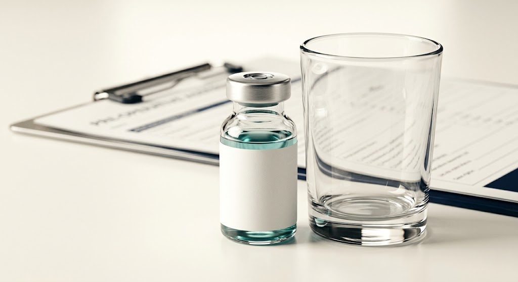 An unlabelled peptide vial and an empty drinking glass beside pre-operative paperwork.