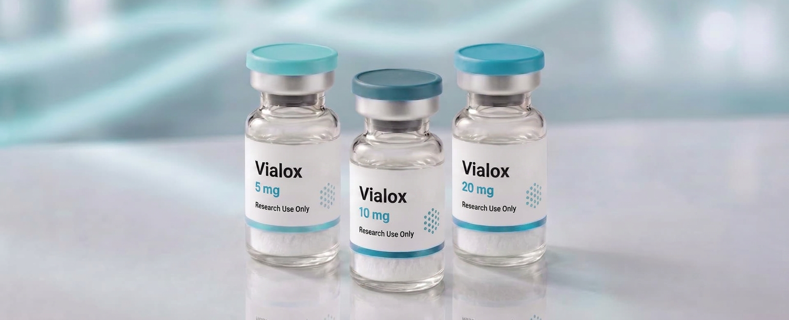 A row of Vialox (Pentapeptide-3) research vials, mock product photograph