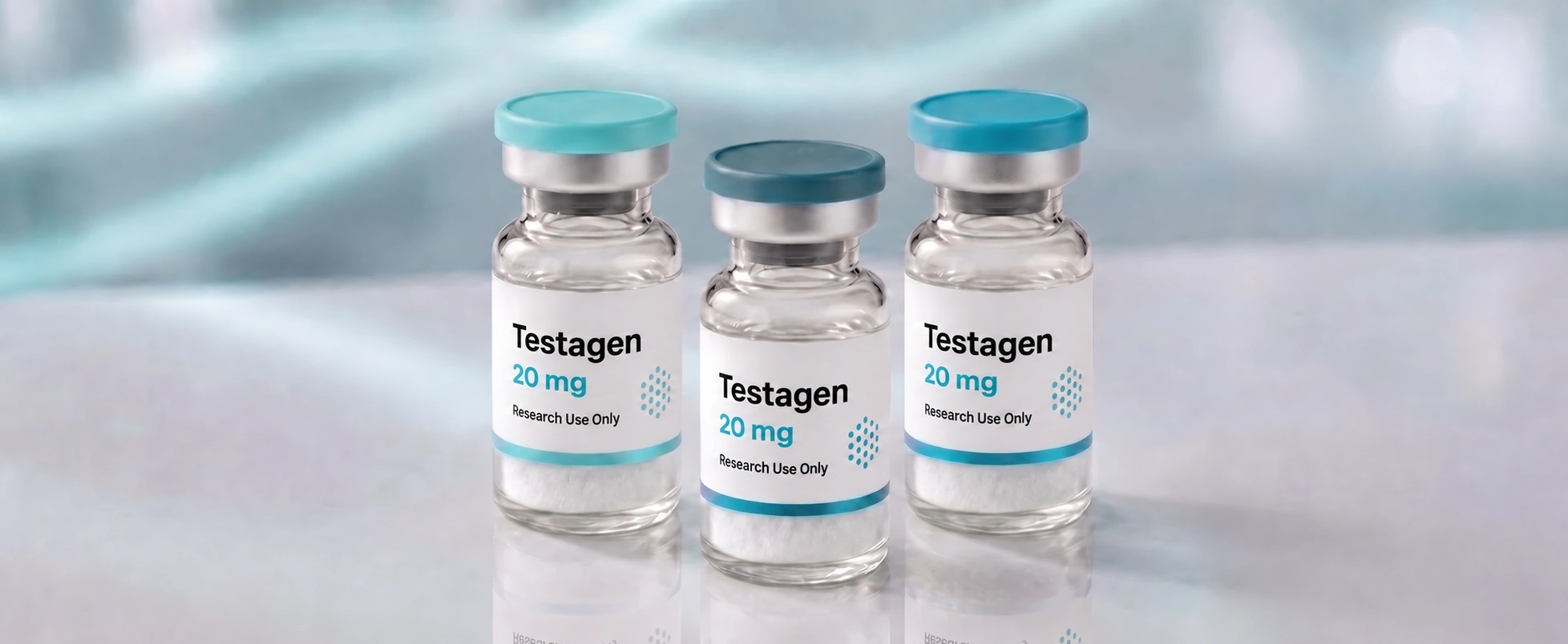 A row of Testagen research vials, mock product photograph