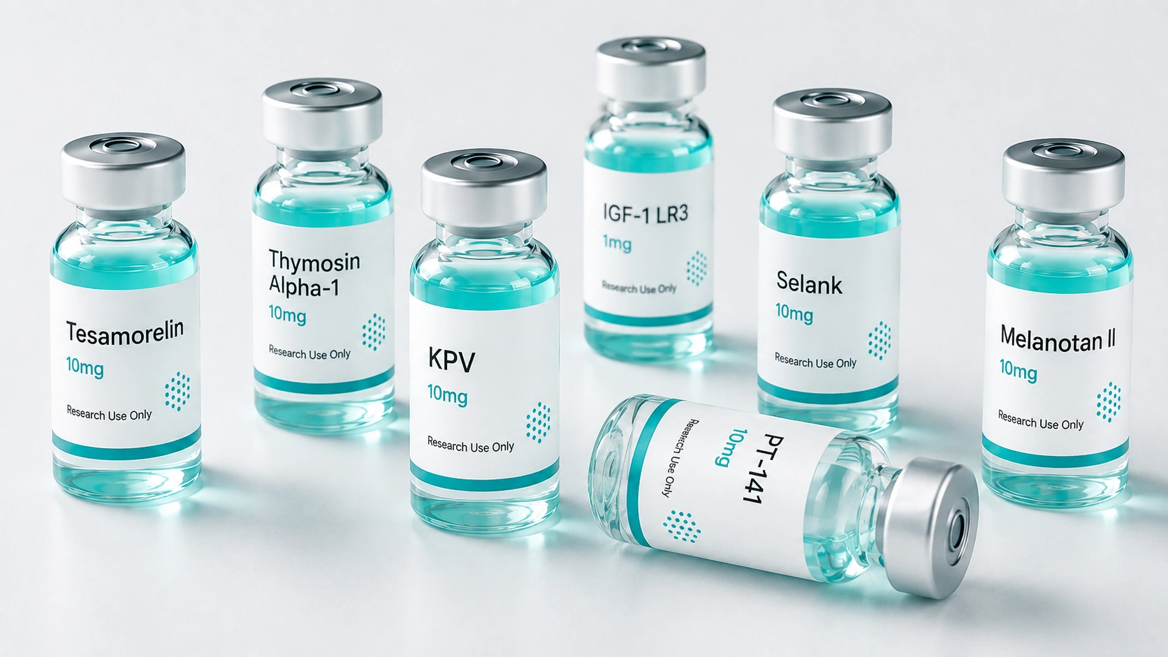 Labeled peptide research vials: Tesamorelin, KPV, Thymosin Alpha-1, IGF-1 LR3, PT-141, Selank, and Melanotan II