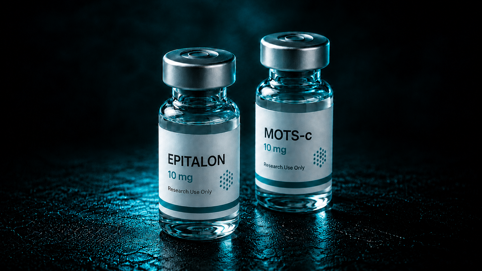 Two research vials labeled Epitalon and MOTS-c under low light