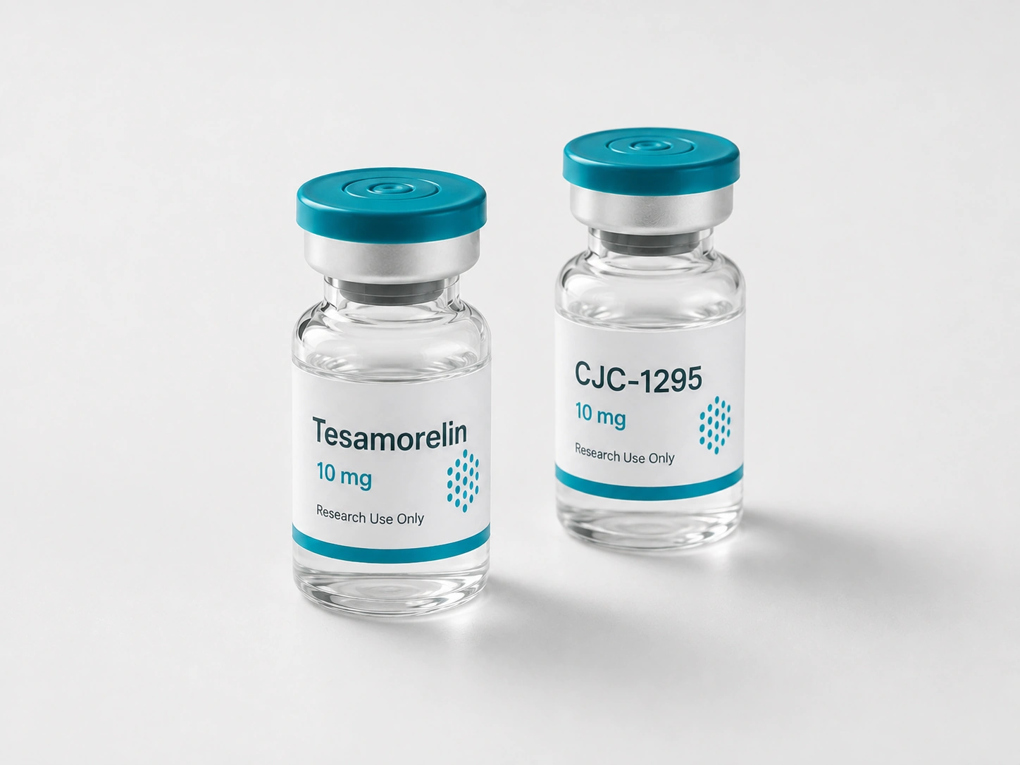 Two 10 mg research vials labeled Tesamorelin and CJC-1295 on a light surface