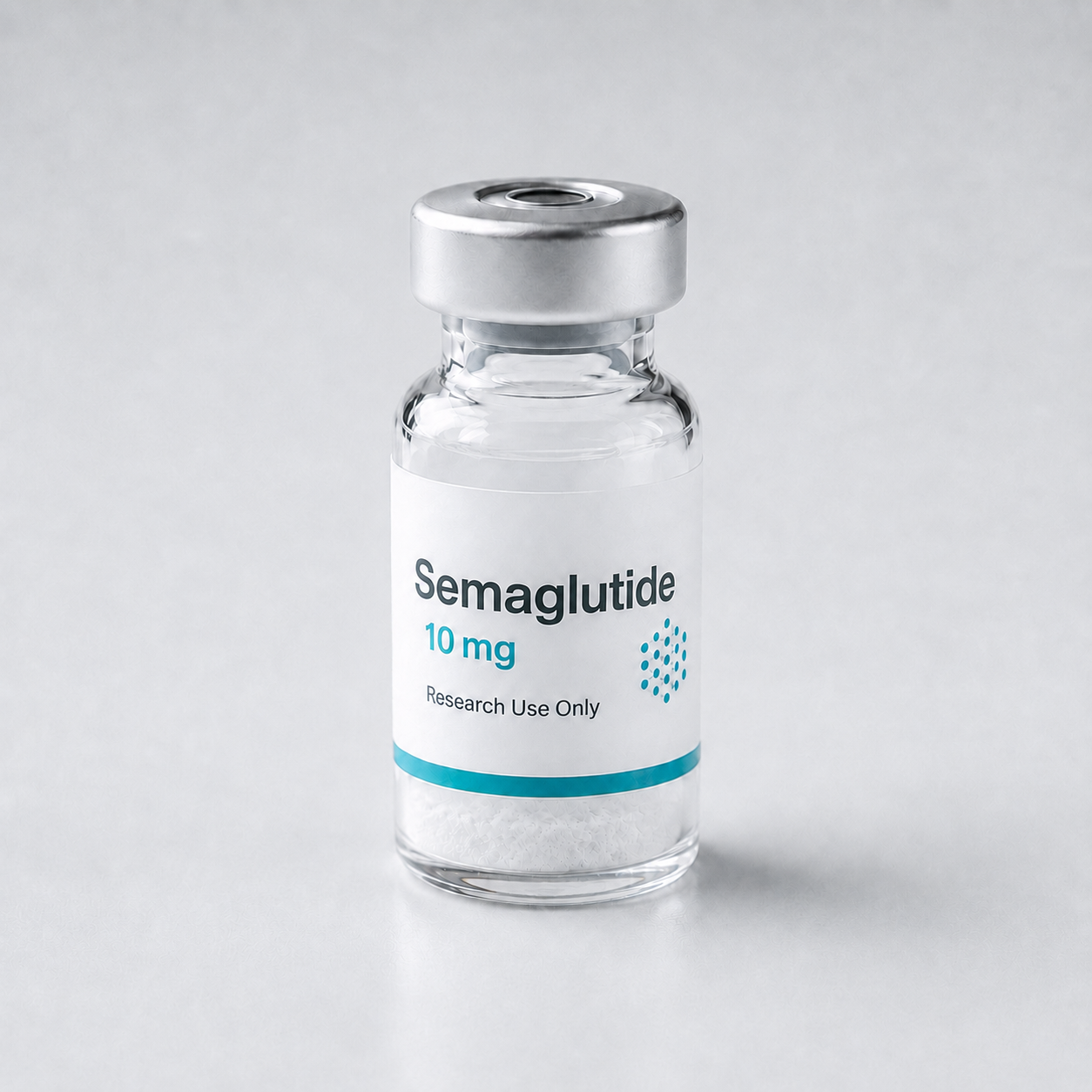 Research vial labeled Semaglutide containing white lyophilized powder