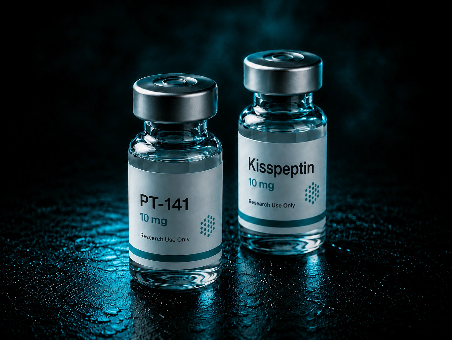 Two research vials labeled PT-141 and Kisspeptin, ten milligrams each, under low blue light