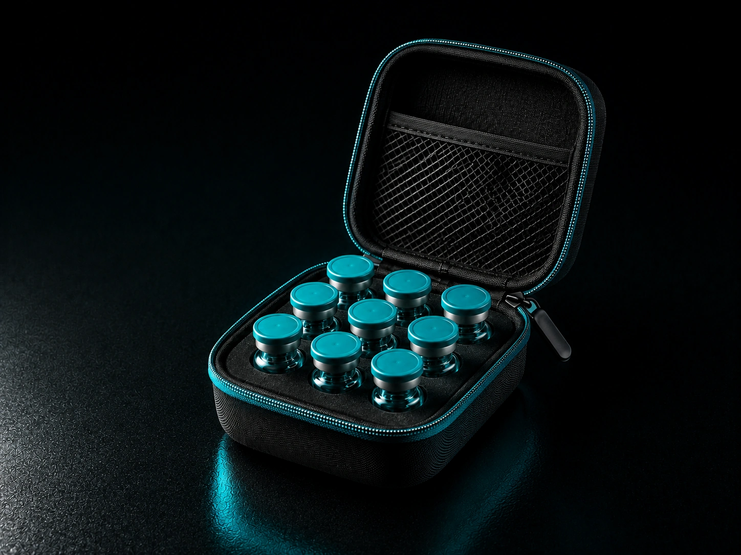 Travel case holding nine teal-capped peptide vials