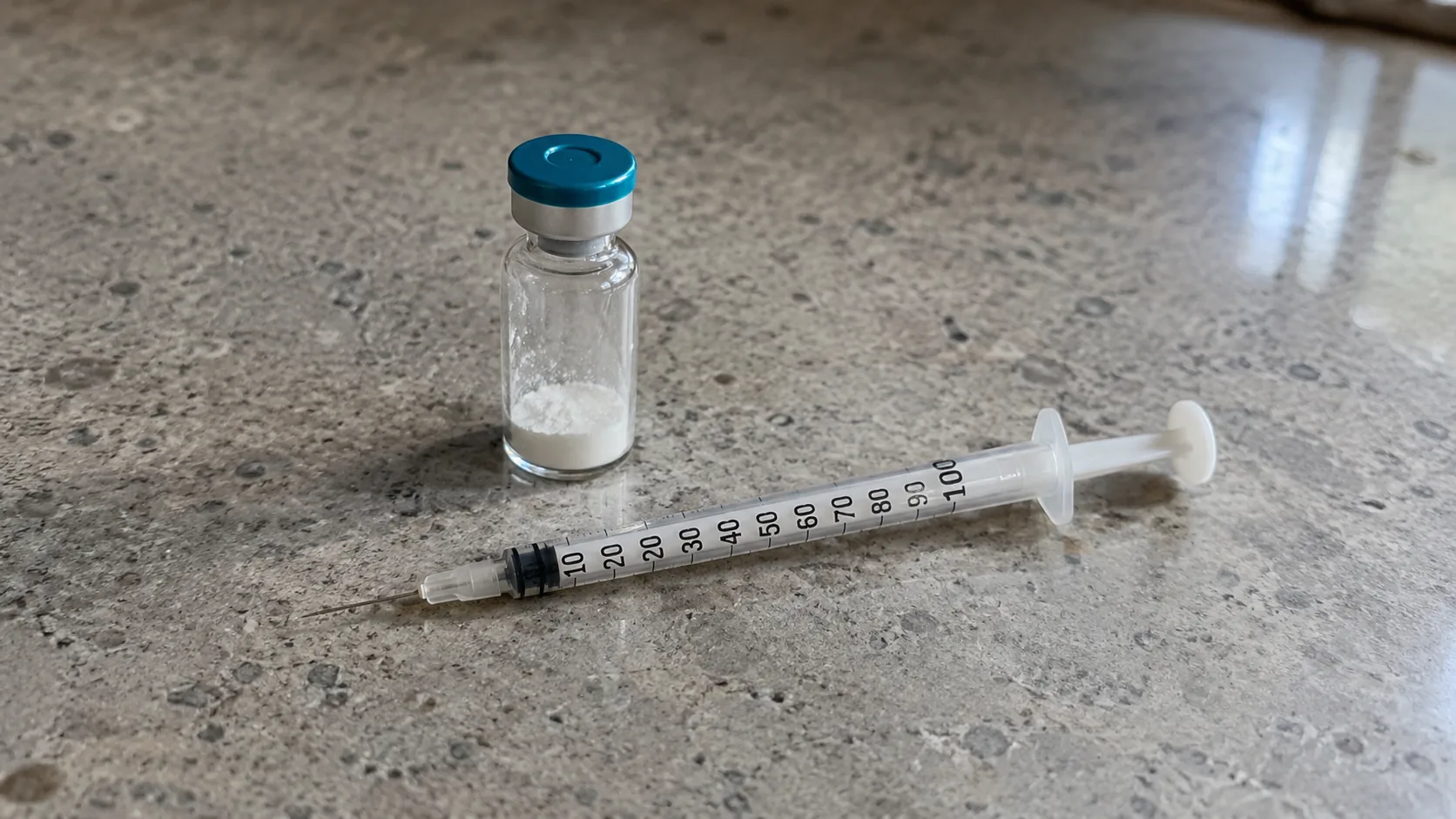 A U-100 insulin syringe lying in front of a vial of white peptide powder on a stone surface