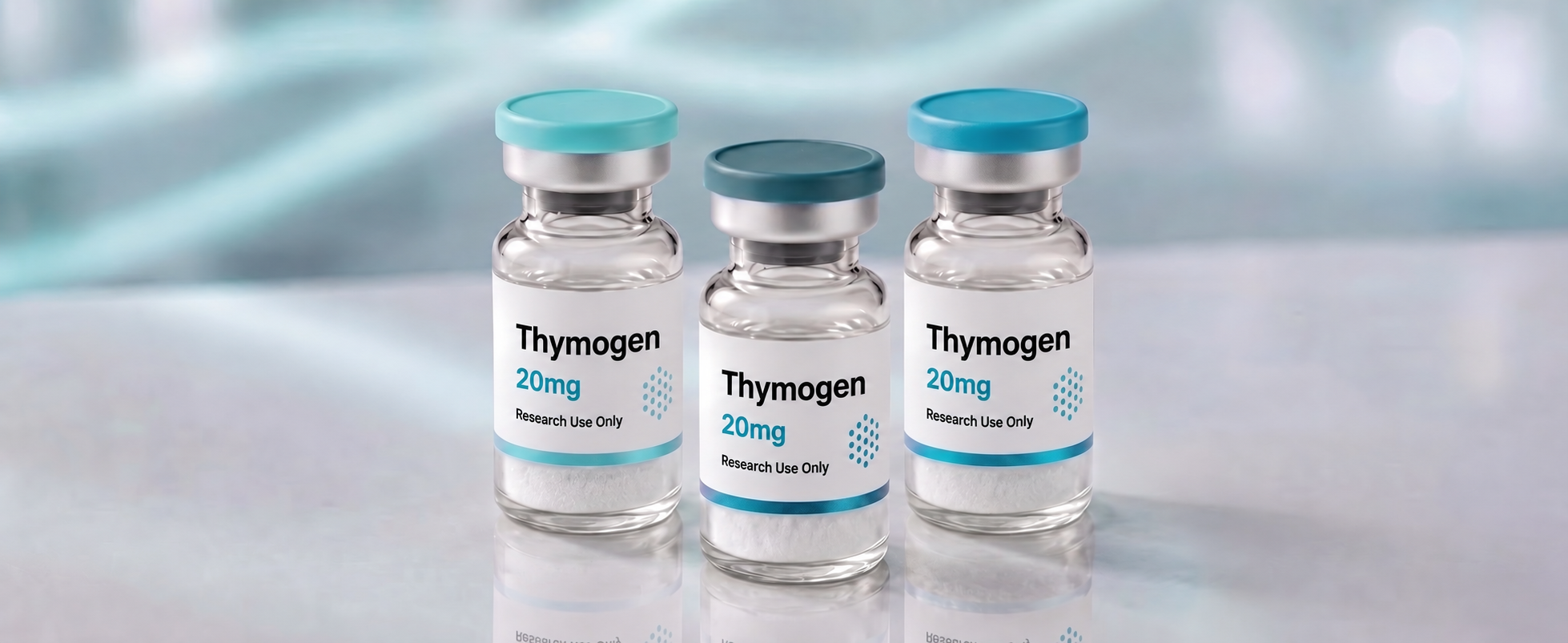 A row of Thymogen research vials, mock product photograph
