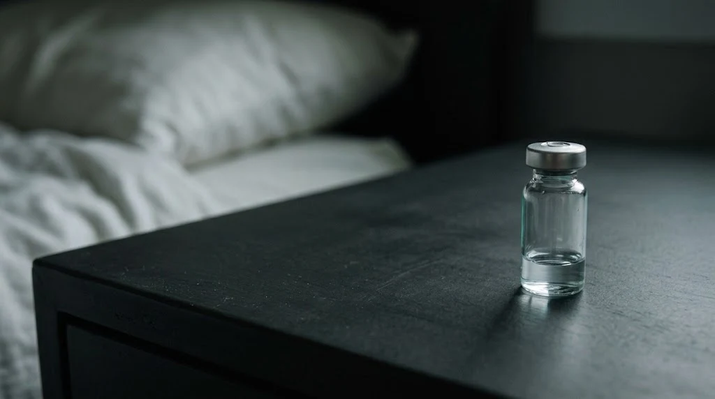 A clear glass vial on a dark bedside table beside a pillow and bed