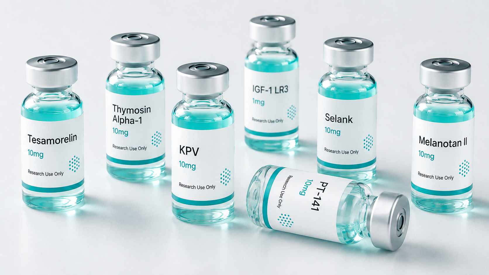 Labeled peptide research vials: Tesamorelin, KPV, Thymosin Alpha-1, IGF-1 LR3, PT-141, Selank, and Melanotan II