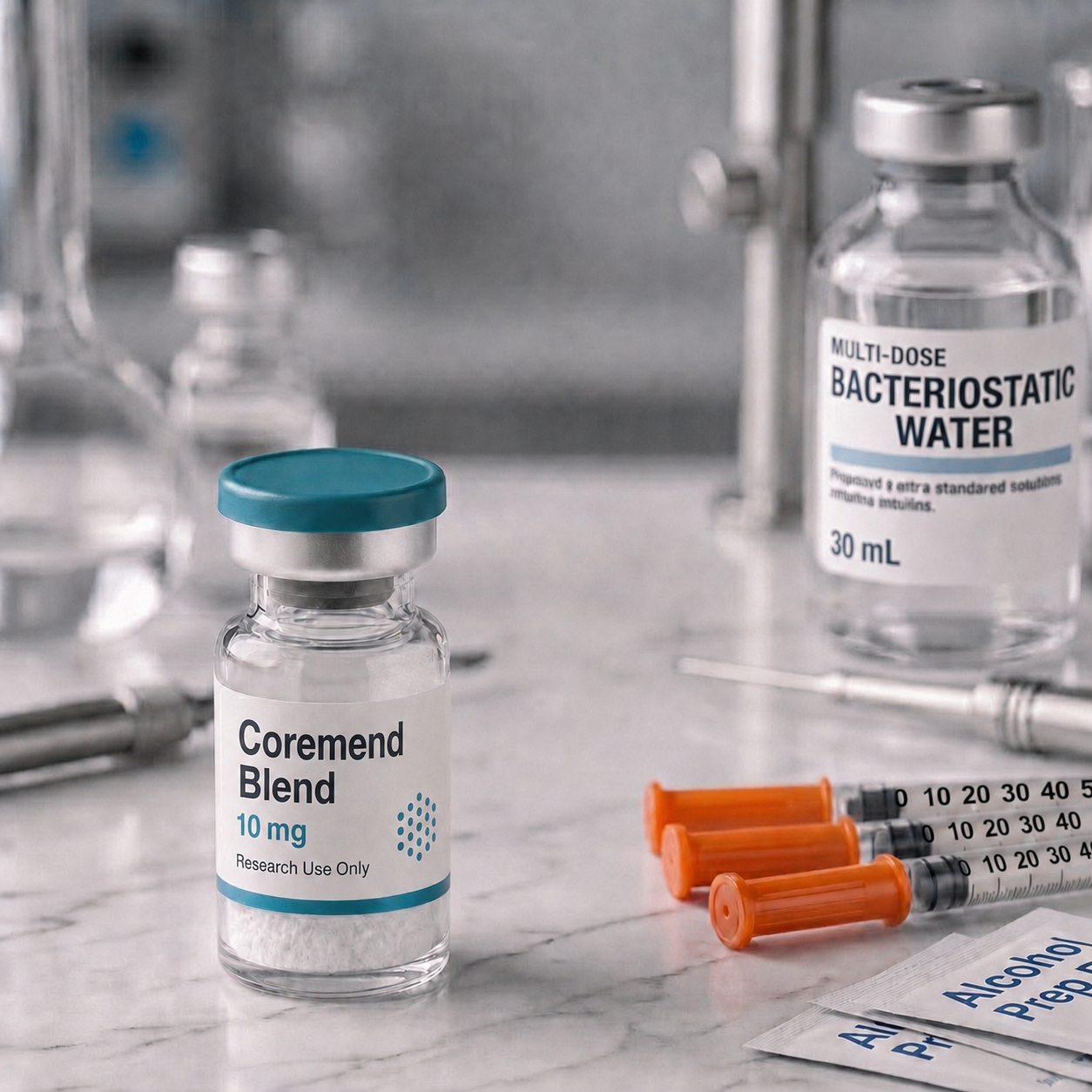 Coremend blend (TB-500 / BPC-157 / KPV), mock product photograph