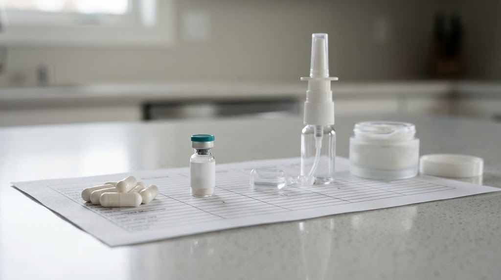 White capsules, an injection vial, a nasal spray and a topical cream jar arranged on a counter — the delivery routes compared on this page