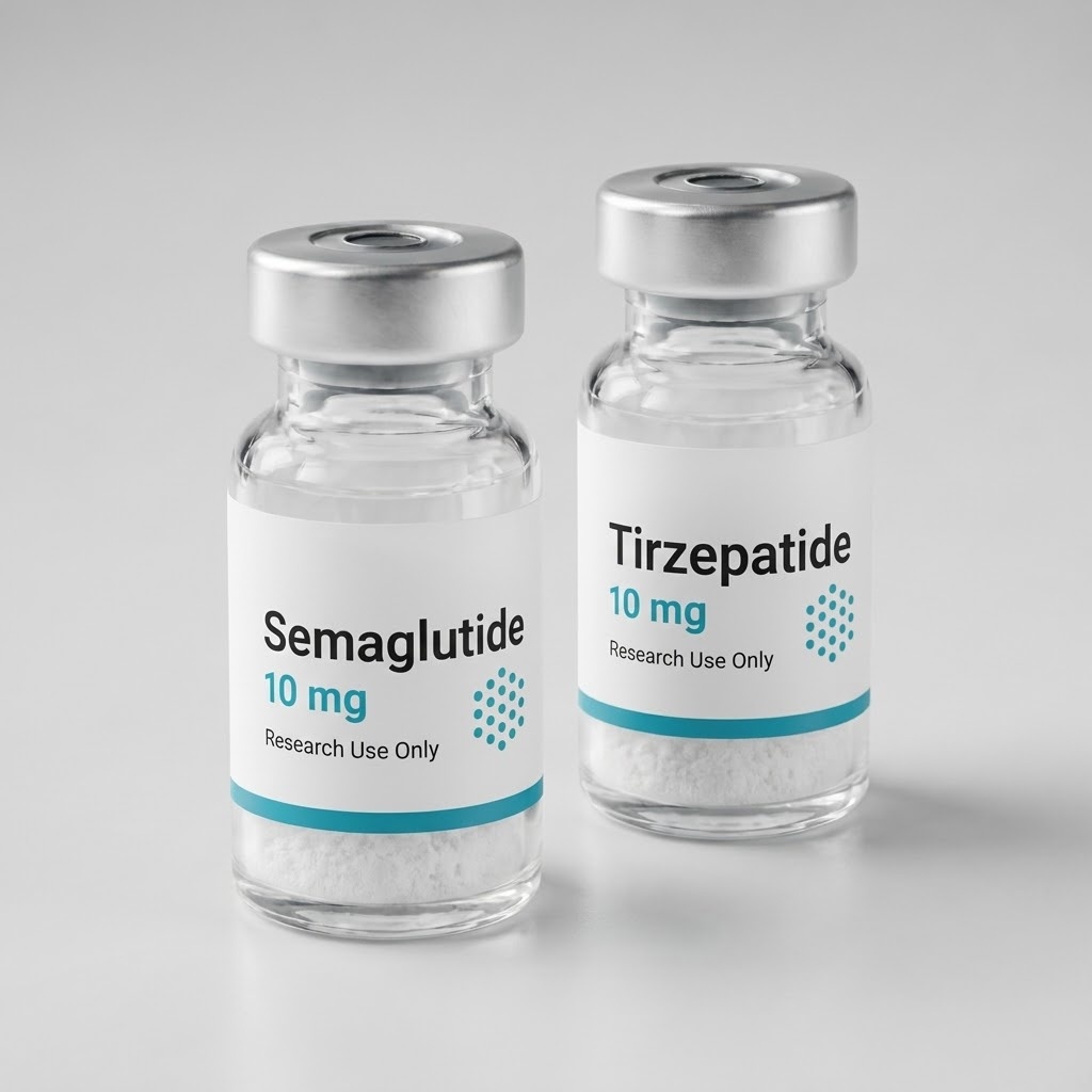 Semaglutide and tirzepatide vials side by side on a white surface