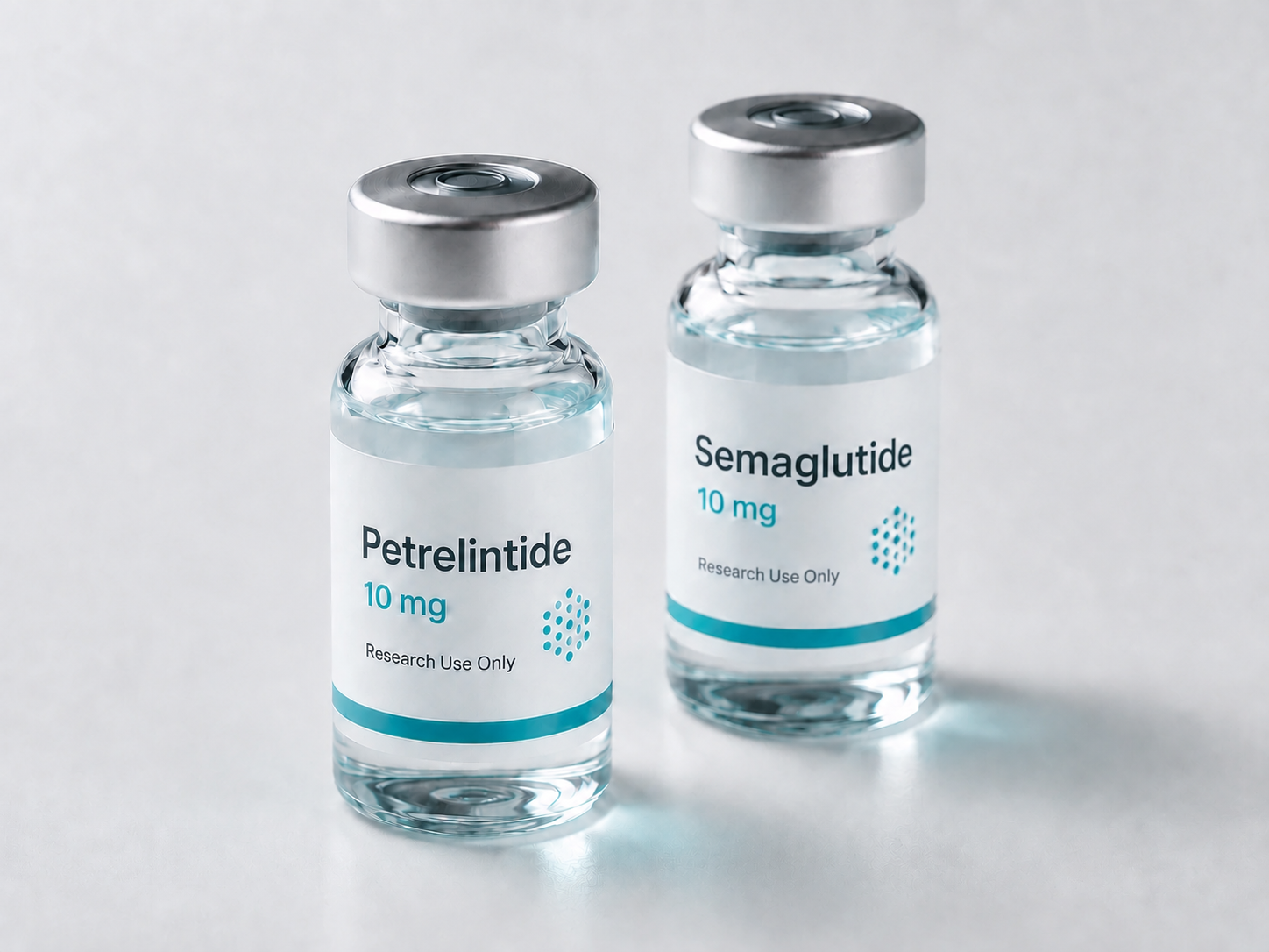 Petrelintide and semaglutide vials side by side on a white surface