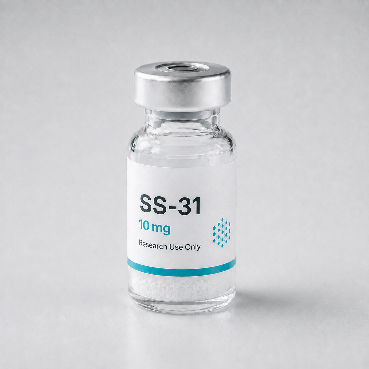 Research vial labeled SS-31 containing white lyophilized powder