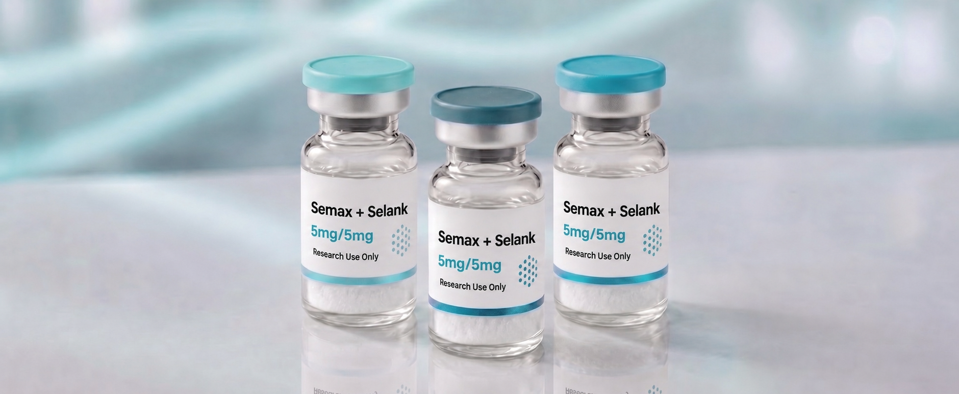 A row of Semax + Selank blend research vials, mock product photograph