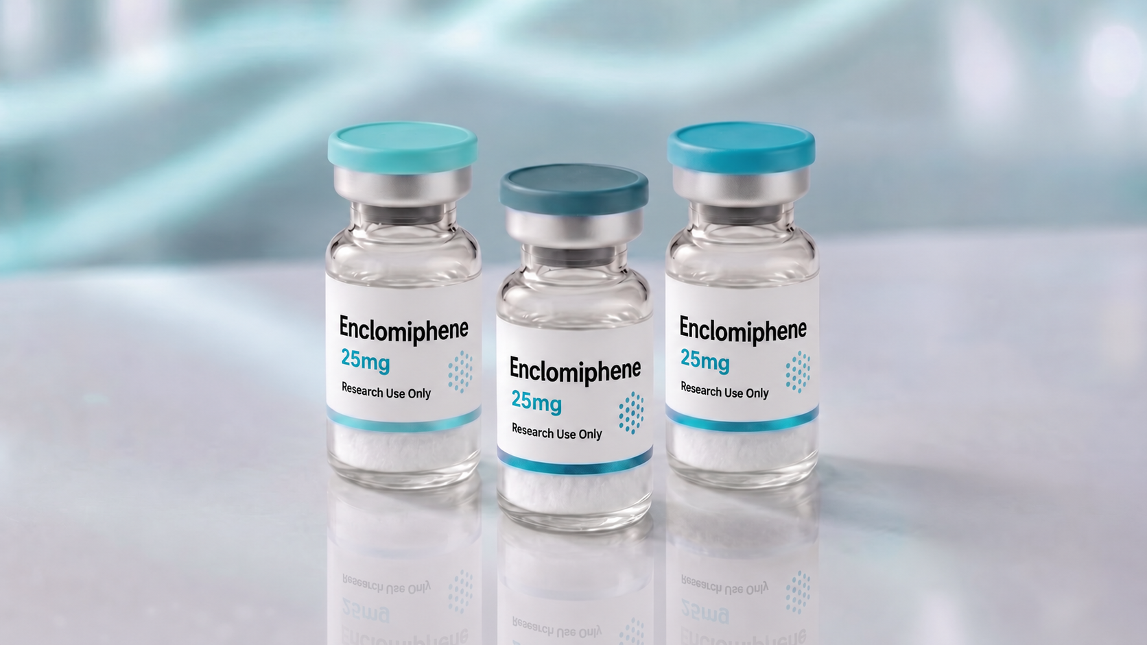 A row of Enclomiphene research vials, mock product photograph