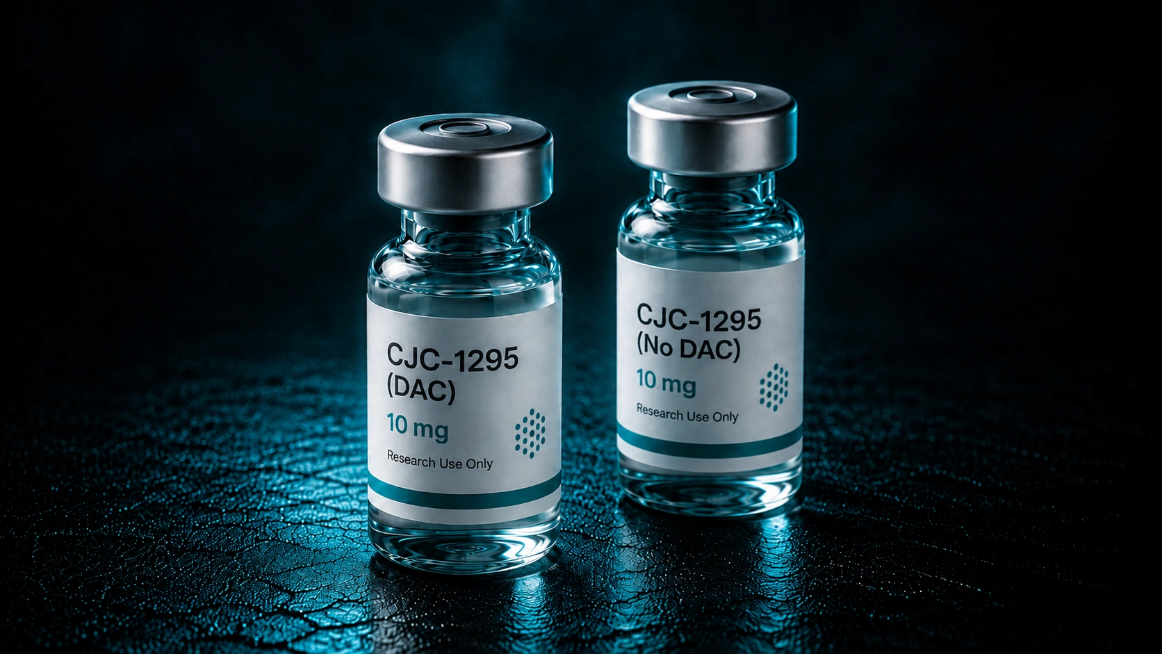 Two research vials labeled CJC-1295 with DAC and CJC-1295 without DAC on a dark surface