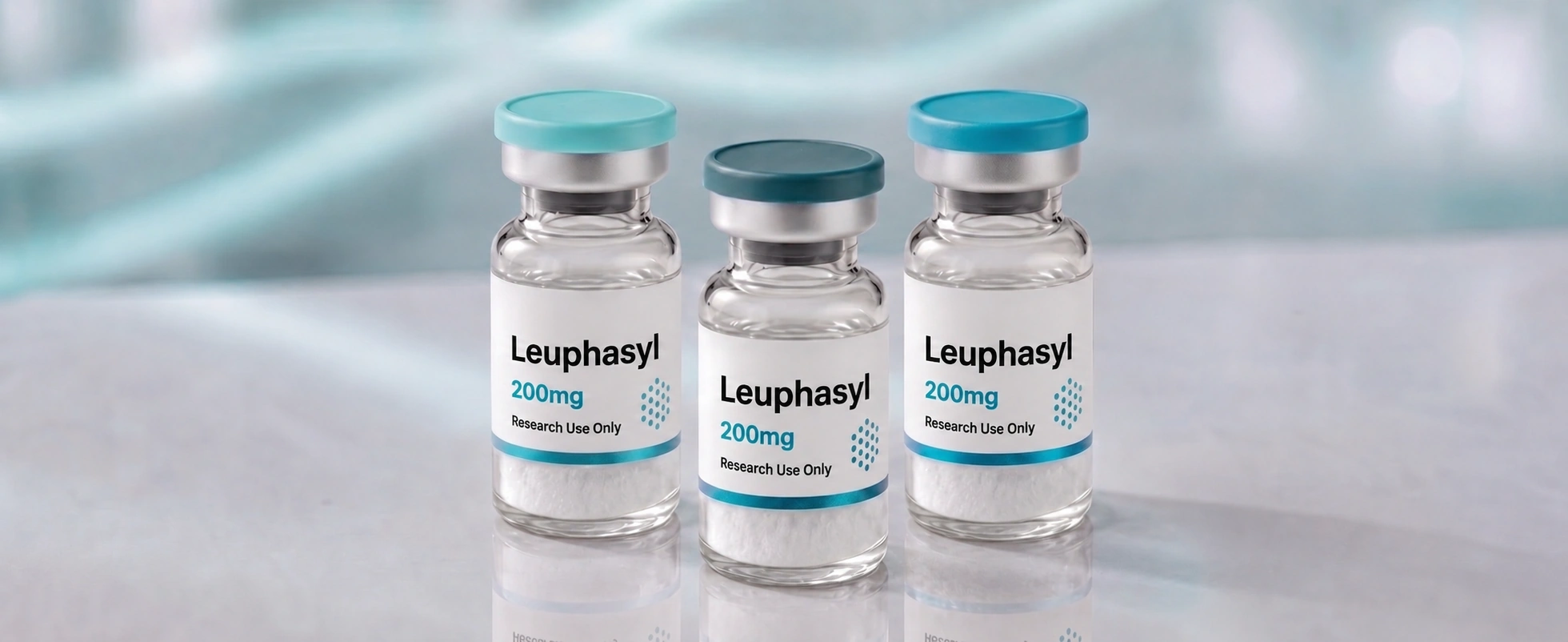 A row of Leuphasyl (Pentapeptide-18) research vials, mock product photograph