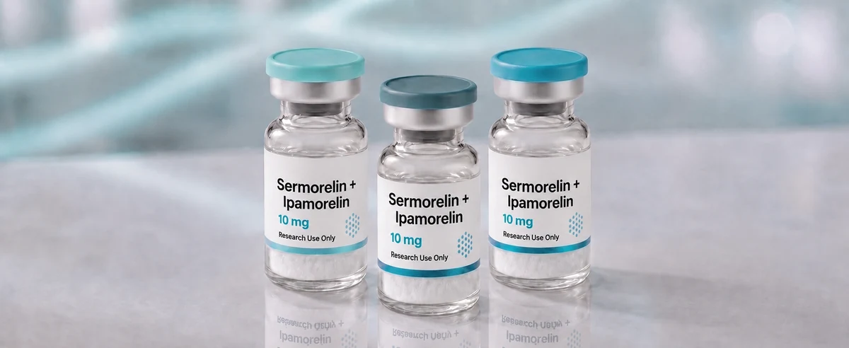 A row of Sermorelin + Ipamorelin blend research vials, mock product photograph