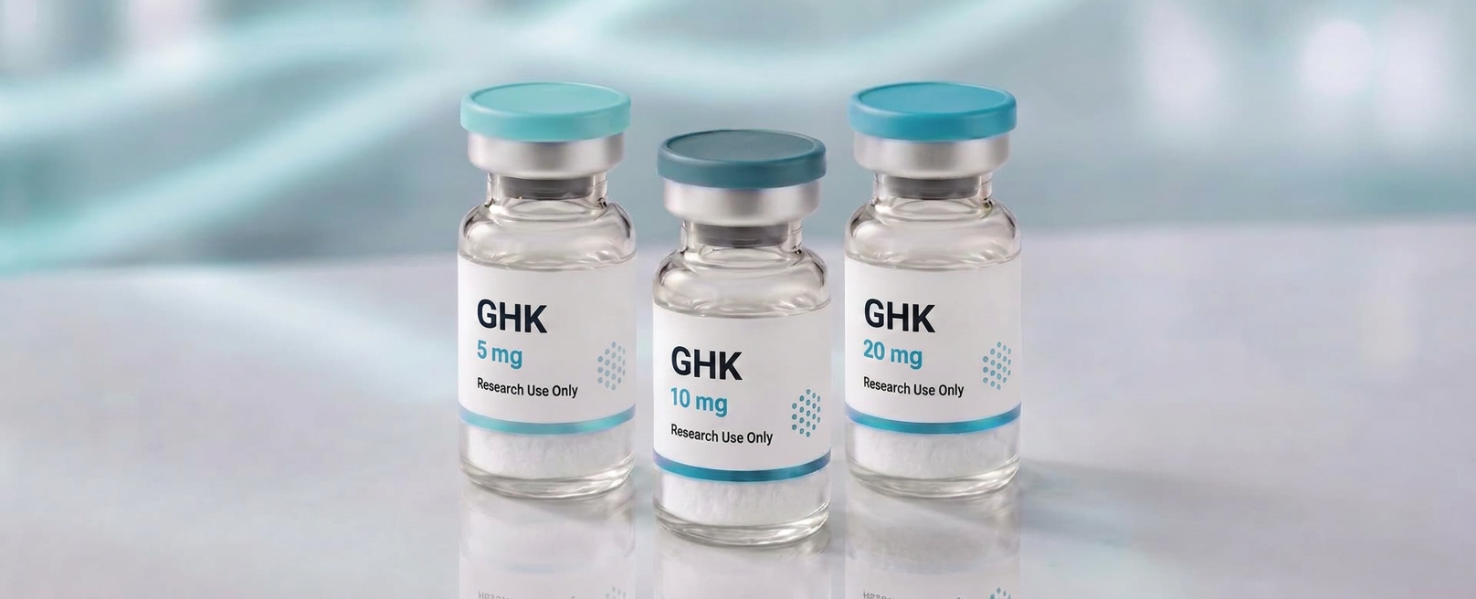 A row of GHK (copper-free) research vials, mock product photograph